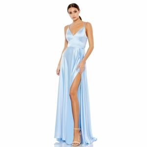 Macduggal SATIN STRAPPY-BACK HIGH SLIT GOWN,dress, size 2,baby blue,new no tags